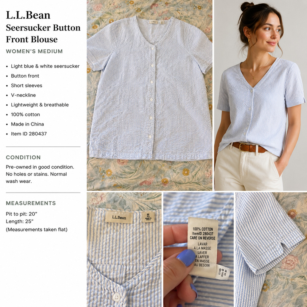 LL Bean Vacationland Seersucker Womens M Cotton Coastal Stripe Travel Preppy